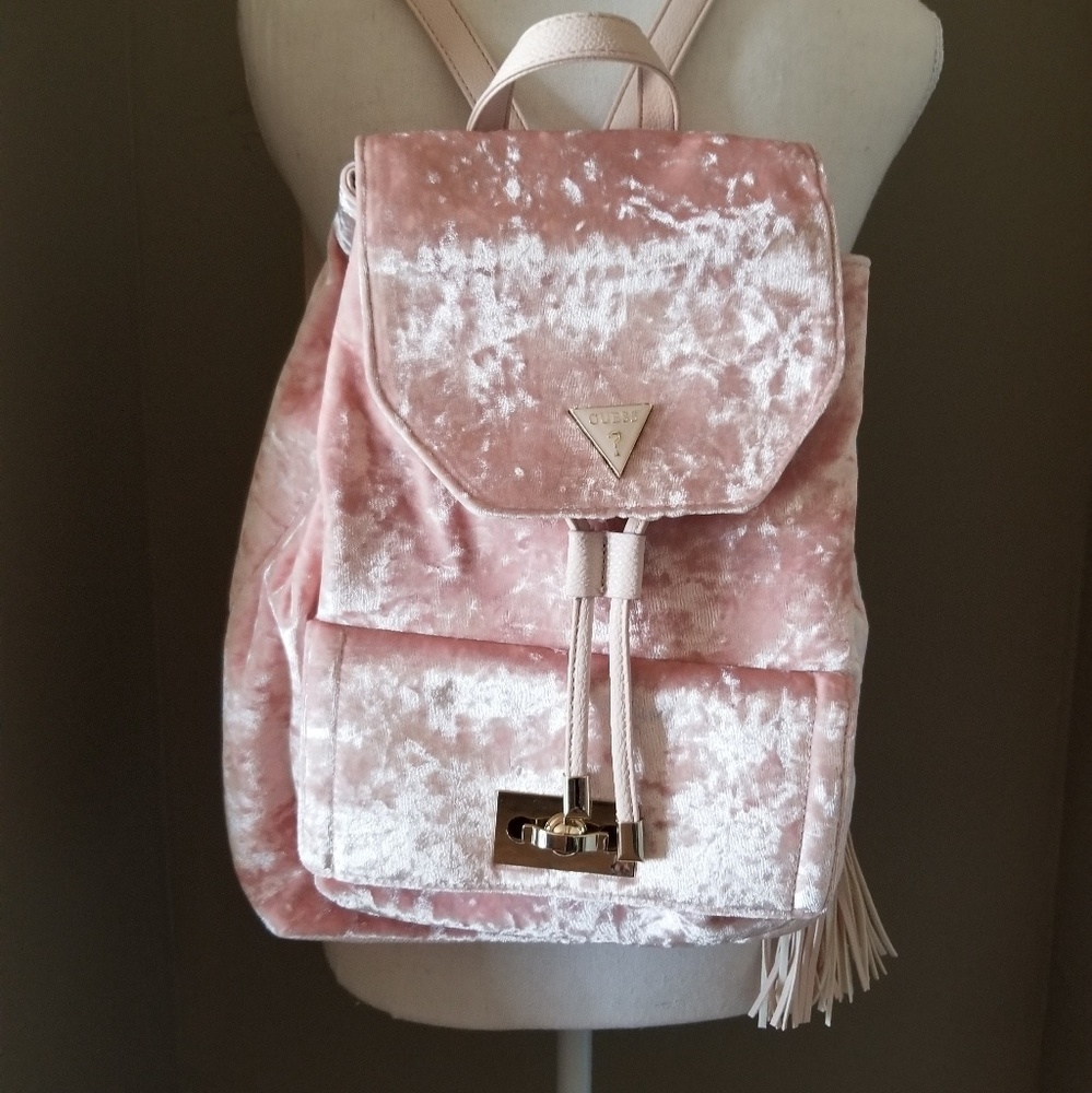 Guess pink crushed velvet backpack